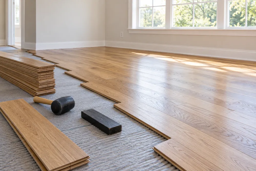 Illustrative Oak flooring installation with stacked planks and hand tools