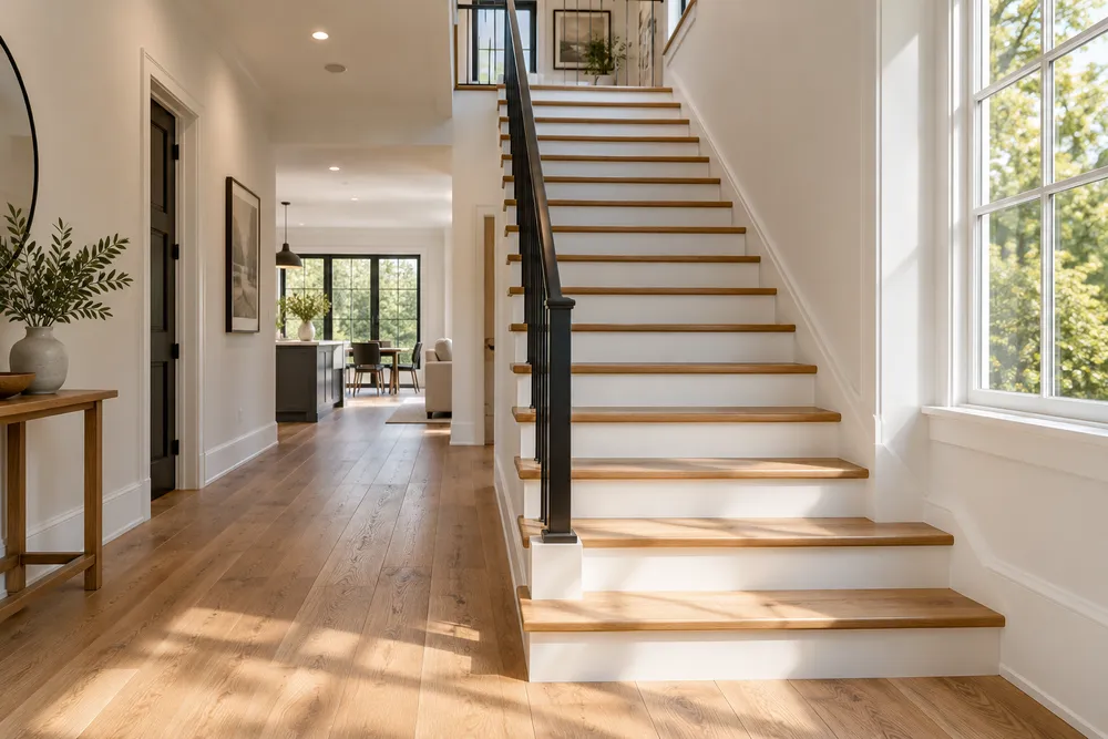 Illustrative Finished oak stair treads with white risers